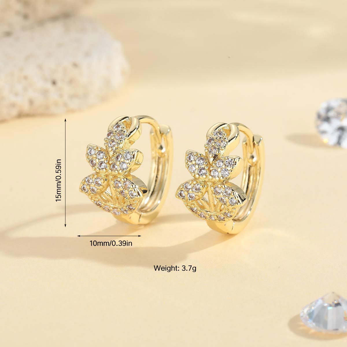 Gold Leaves Hoop Earrings For Women Featuring Copper Ear Pins And Zircon Inlay Material
