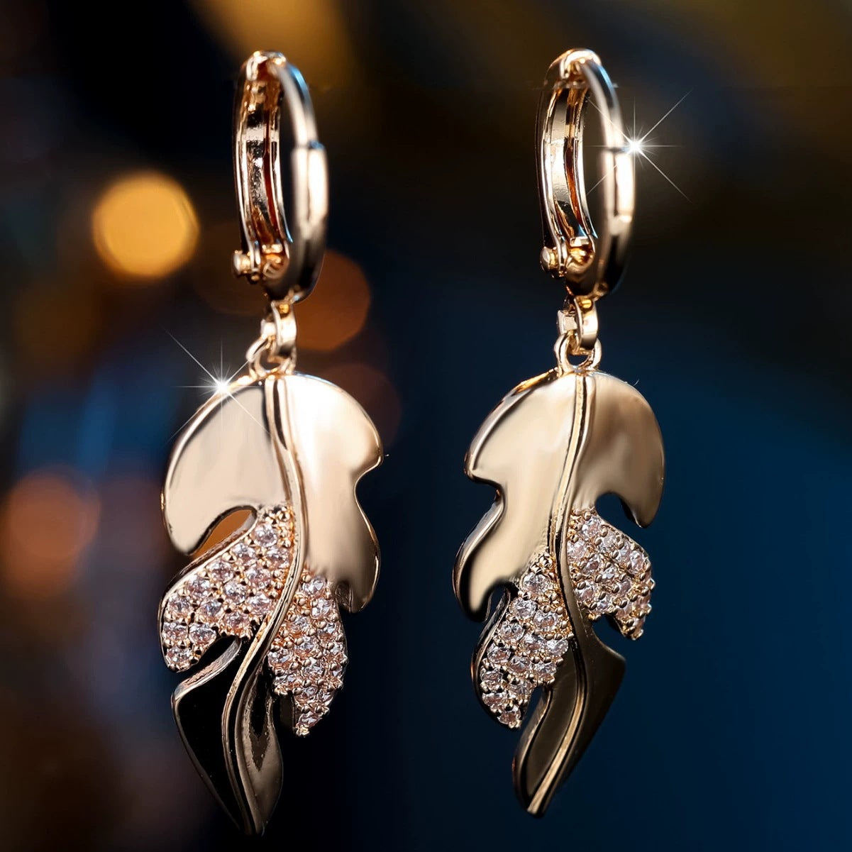 Leaves Dangling Earrings For Women With Copper Studs, Bezel Setting And Electroplated Gold Plating Featuring Rhinestones