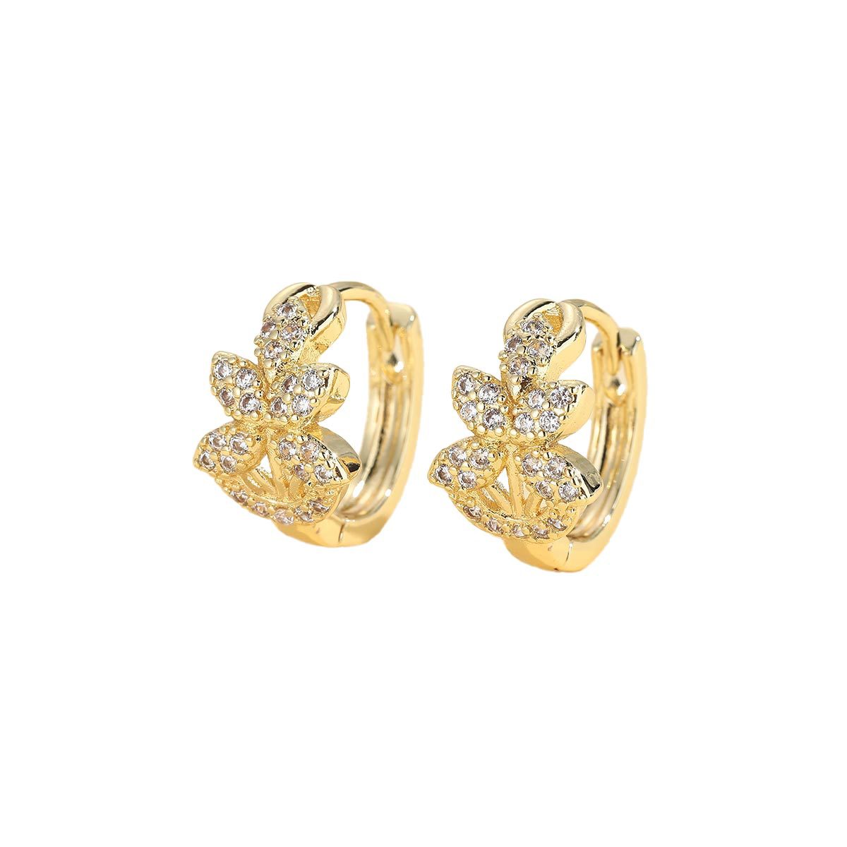 Gold Leaves Hoop Earrings For Women Featuring Copper Ear Pins And Zircon Inlay Material