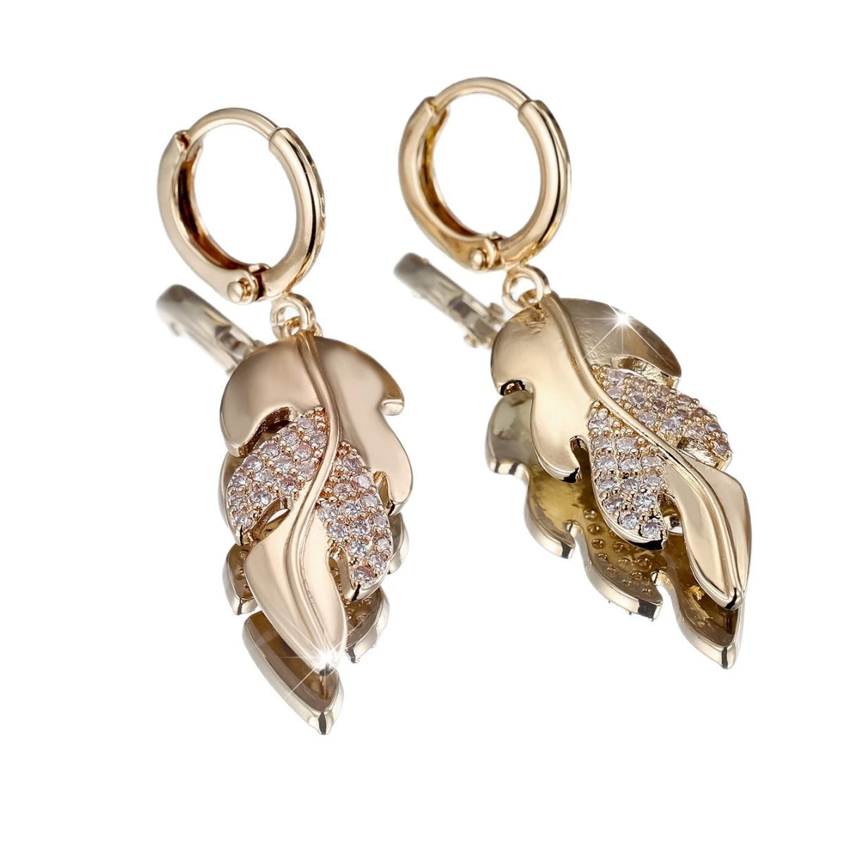 Leaves Dangling Earrings For Women With Copper Studs, Bezel Setting And Electroplated Gold Plating Featuring Rhinestones