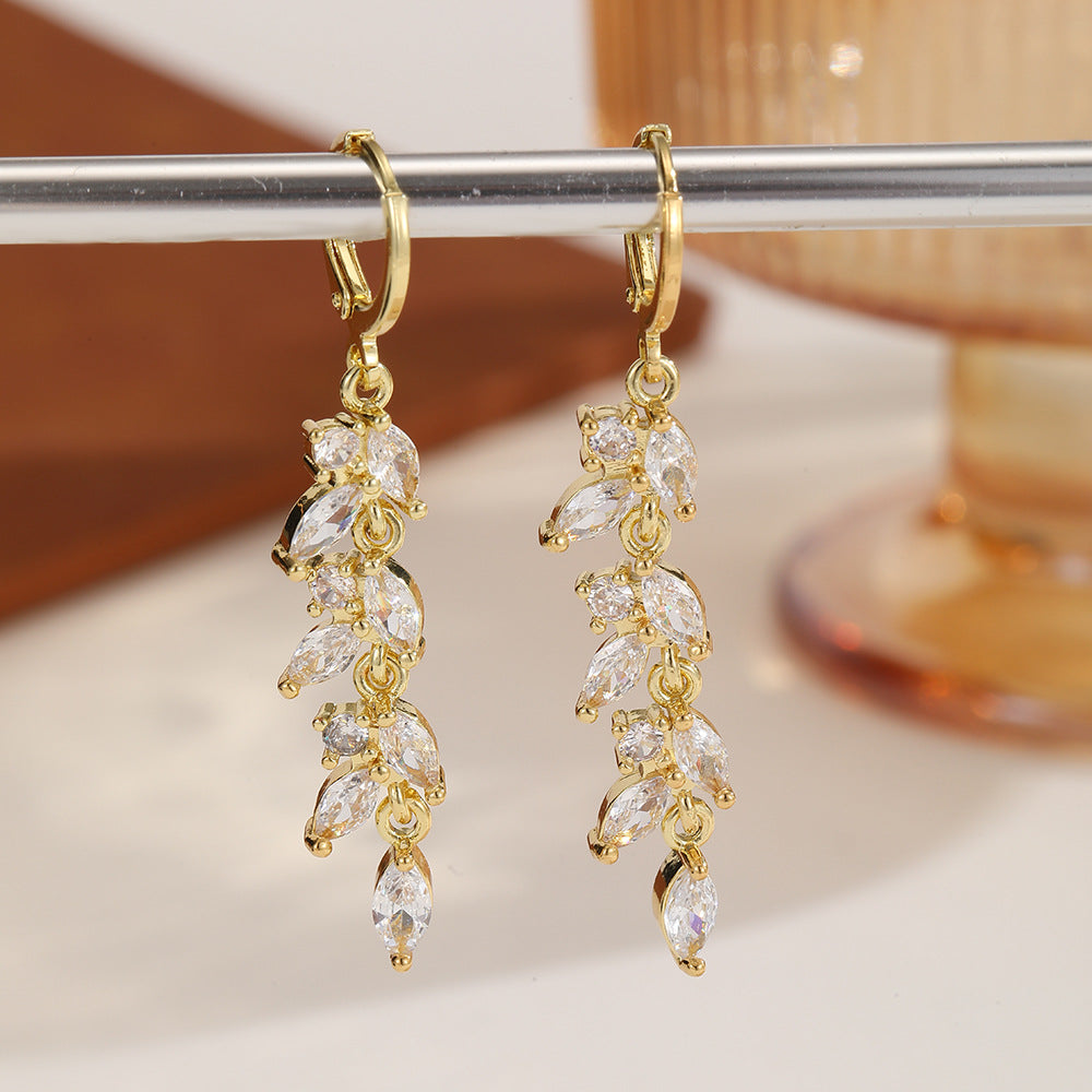 Leaves Drop Earrings For Women With KC Golden Plated Finish And Zircon Inlay, Featuring Platinum Color