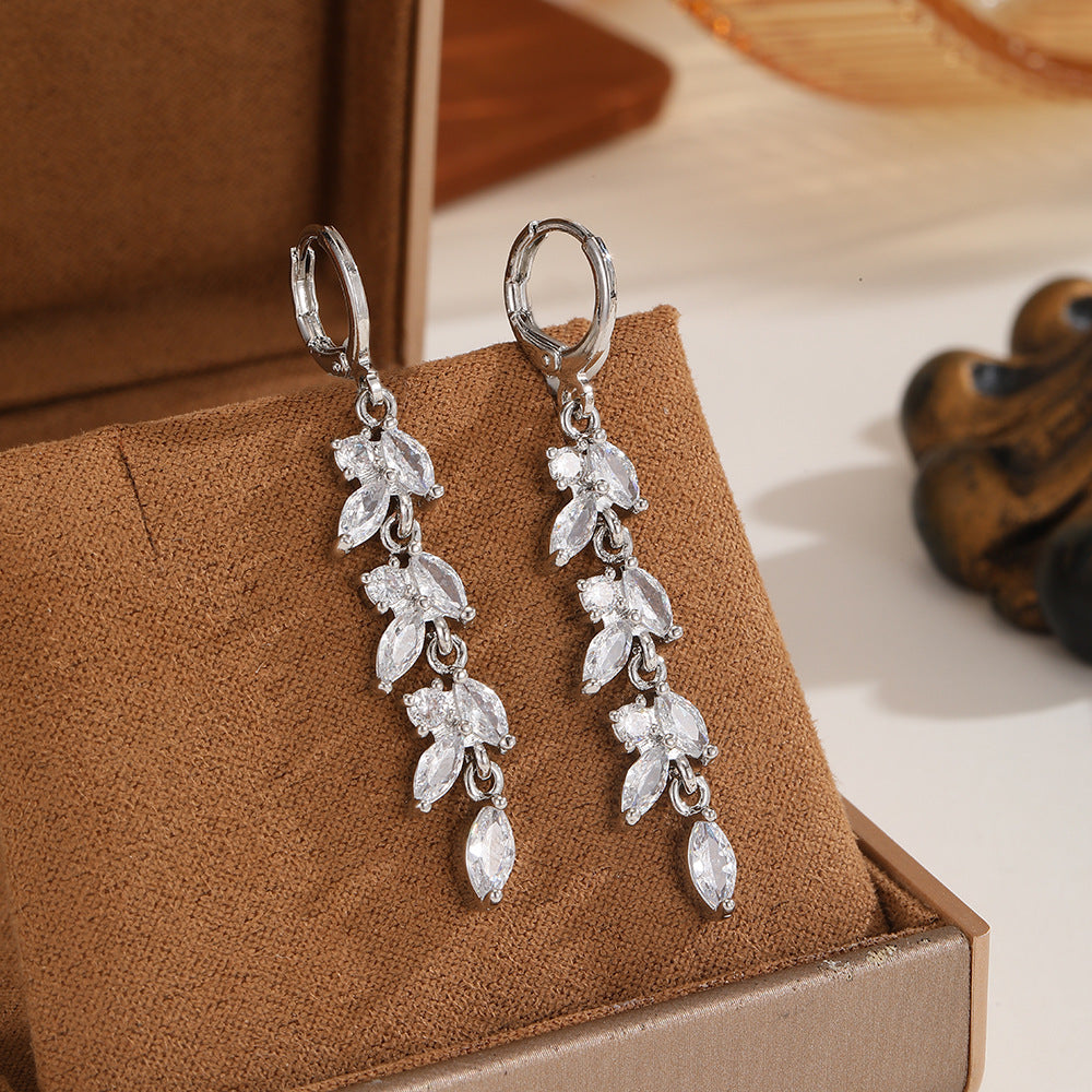 Leaves Drop Earrings For Women With KC Golden Plated Finish And Zircon Inlay, Featuring Platinum Color
