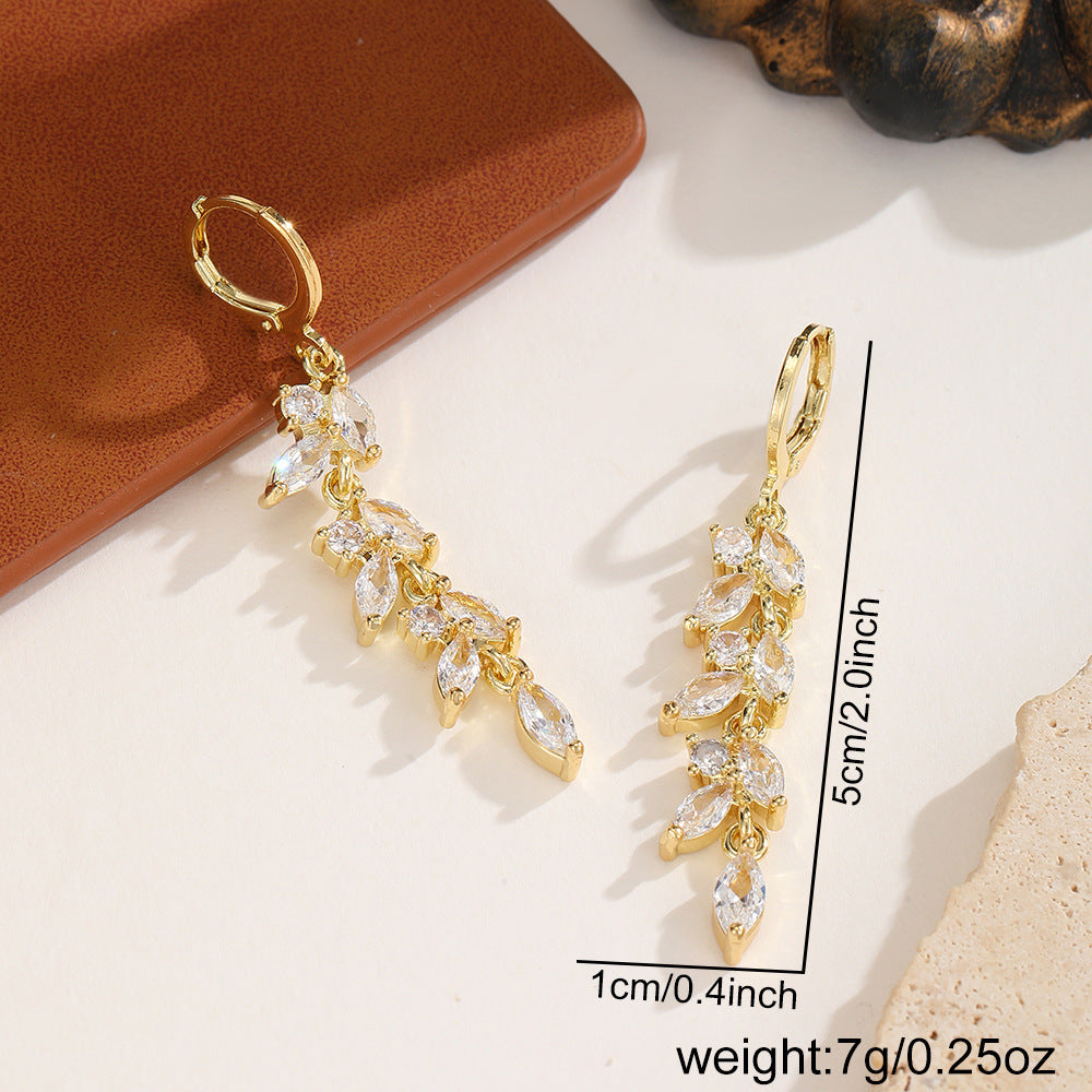Leaves Drop Earrings For Women With KC Golden Plated Finish And Zircon Inlay, Featuring Platinum Color