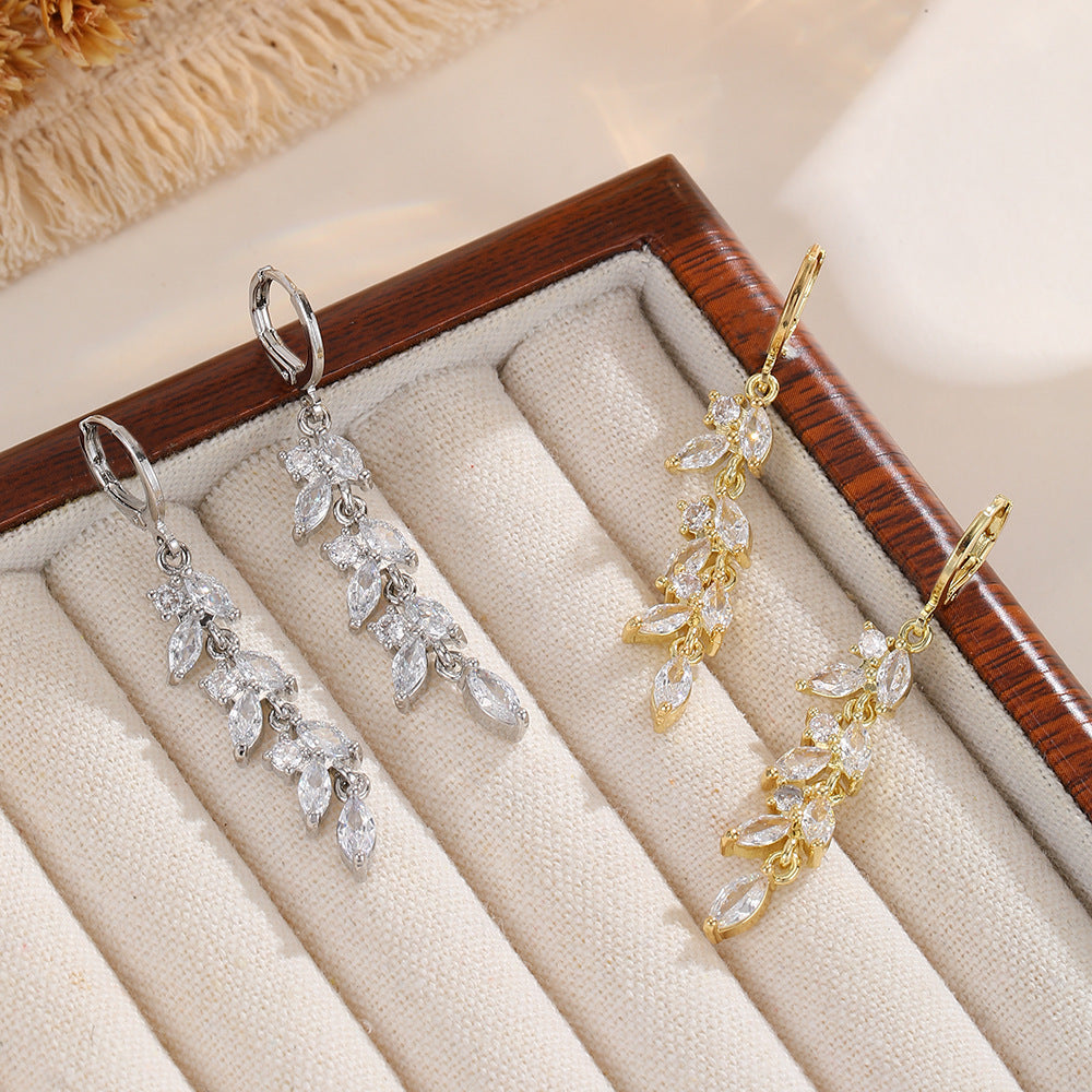 Leaves Drop Earrings For Women With KC Golden Plated Finish And Zircon Inlay, Featuring Platinum Color