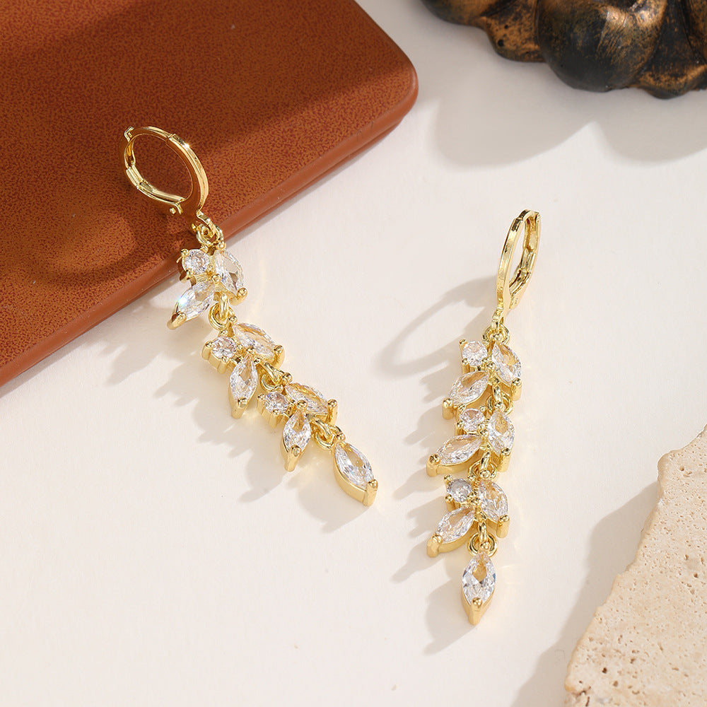 Leaves Drop Earrings For Women With KC Golden Plated Finish And Zircon Inlay, Featuring Platinum Color