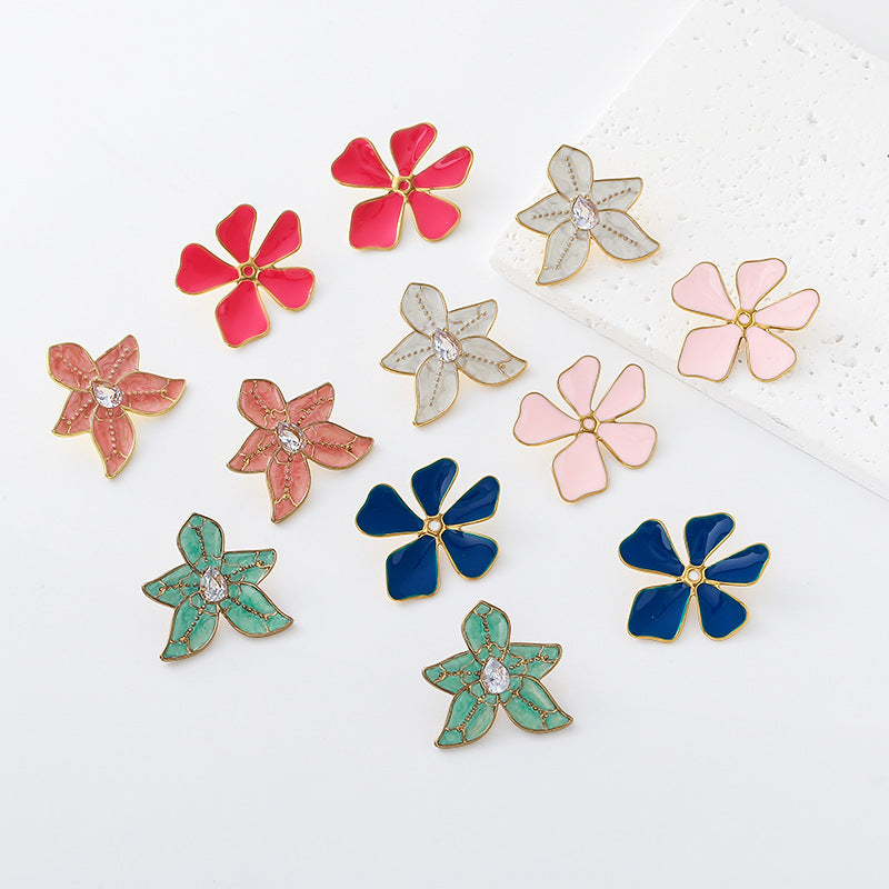 New Style Flowers Stud Earrings For Women With Enamel Craft And 304 Stainless Steel Posts