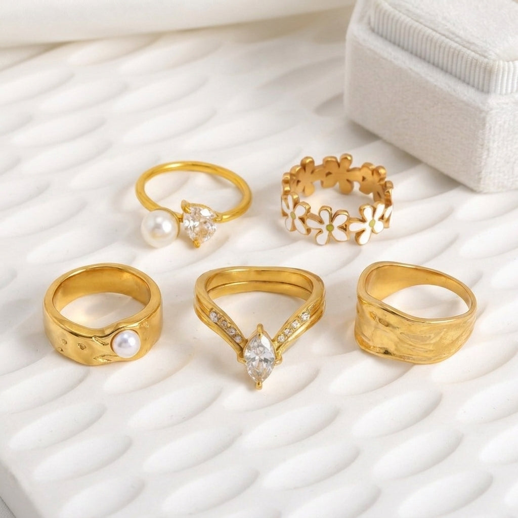 Geometric Electroplated Rings For Women In 304 Stainless Steel With 18K Real Gold PVD Coating And Artificial Pearl Inlay
