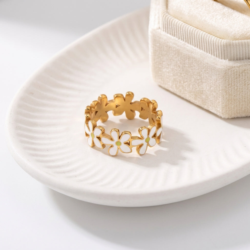 Geometric Electroplated Rings For Women In 304 Stainless Steel With 18K Real Gold PVD Coating And Artificial Pearl Inlay
