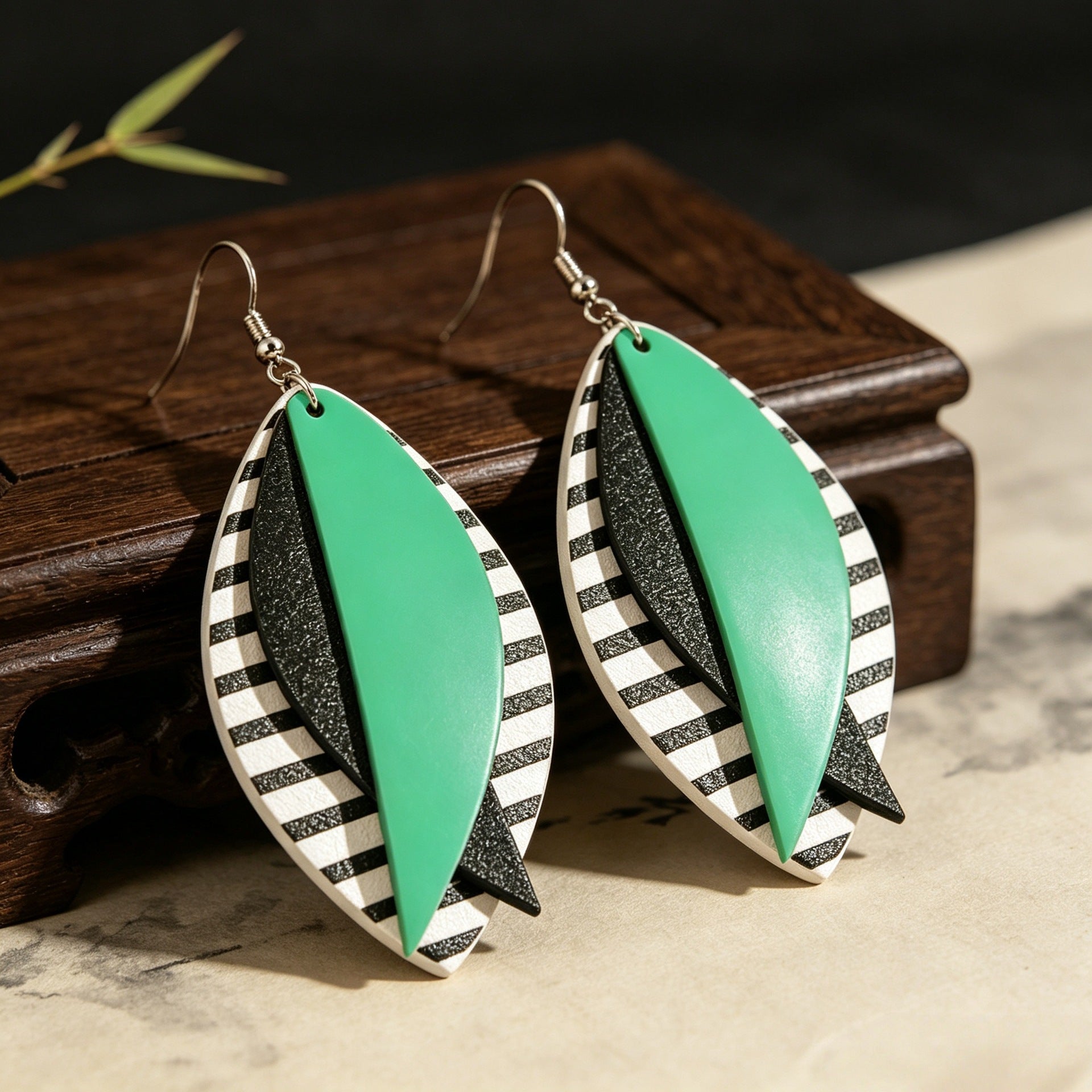 Bohemian Stripe Green Drop Earrings For Women With 304 Stainless Steel Ear Pins Featuring PU Leather