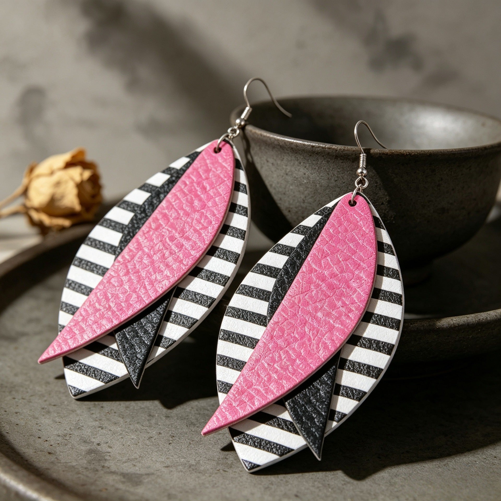 Bohemian Stripe Green Drop Earrings For Women With 304 Stainless Steel Ear Pins Featuring PU Leather