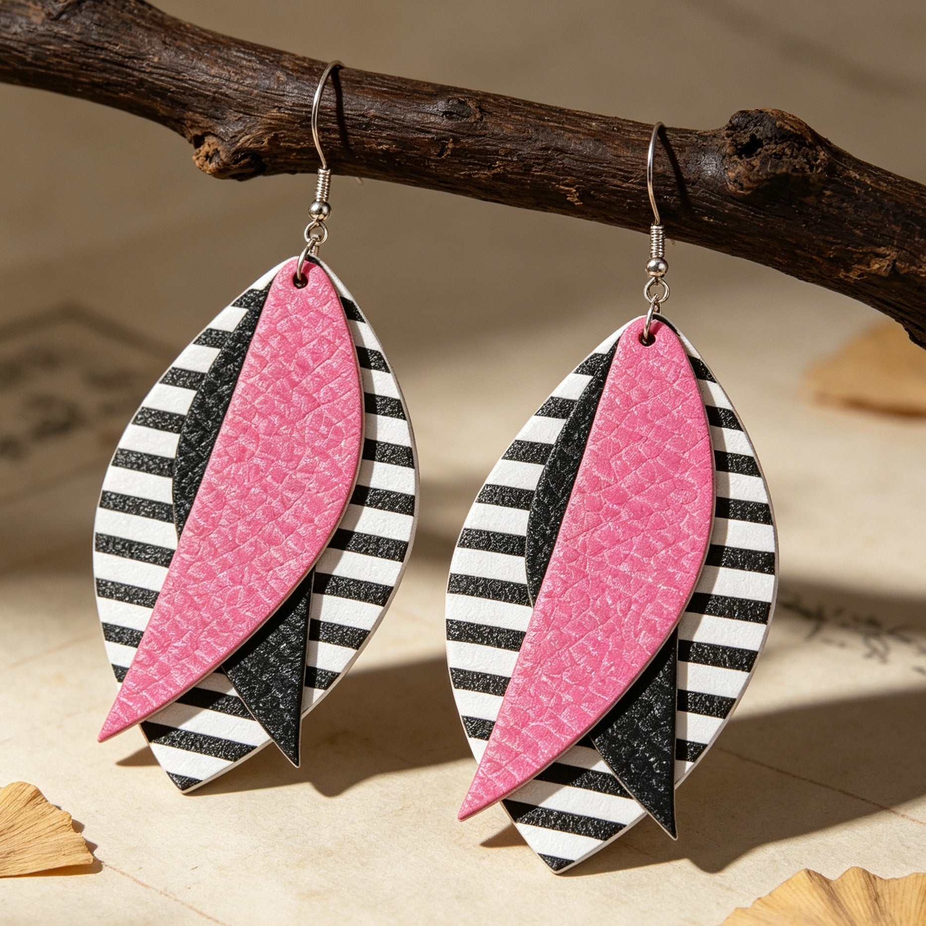 Bohemian Stripe Green Drop Earrings For Women With 304 Stainless Steel Ear Pins Featuring PU Leather