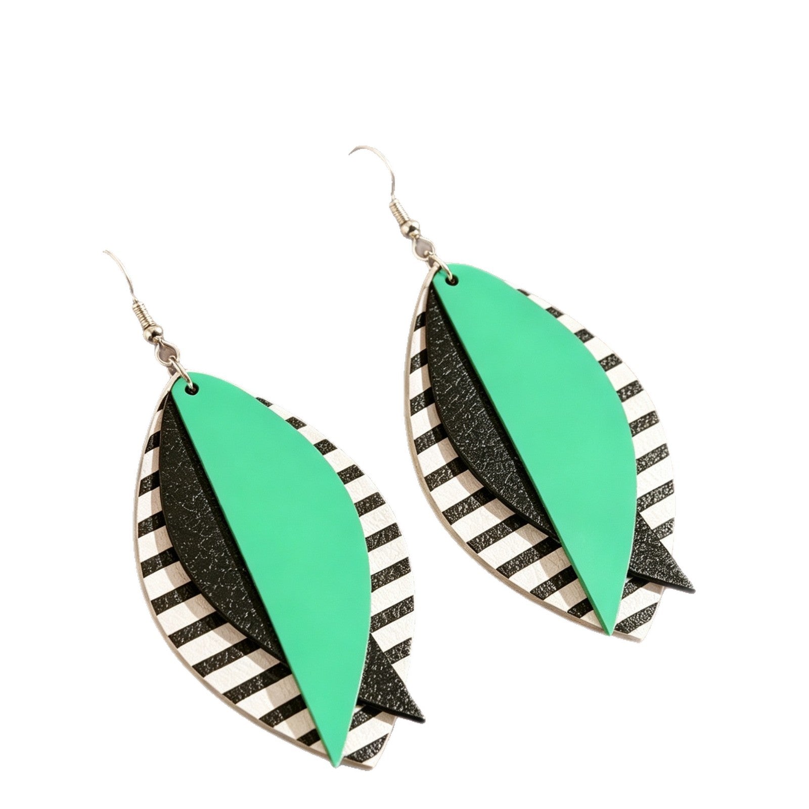 Bohemian Stripe Green Drop Earrings For Women With 304 Stainless Steel Ear Pins Featuring PU Leather