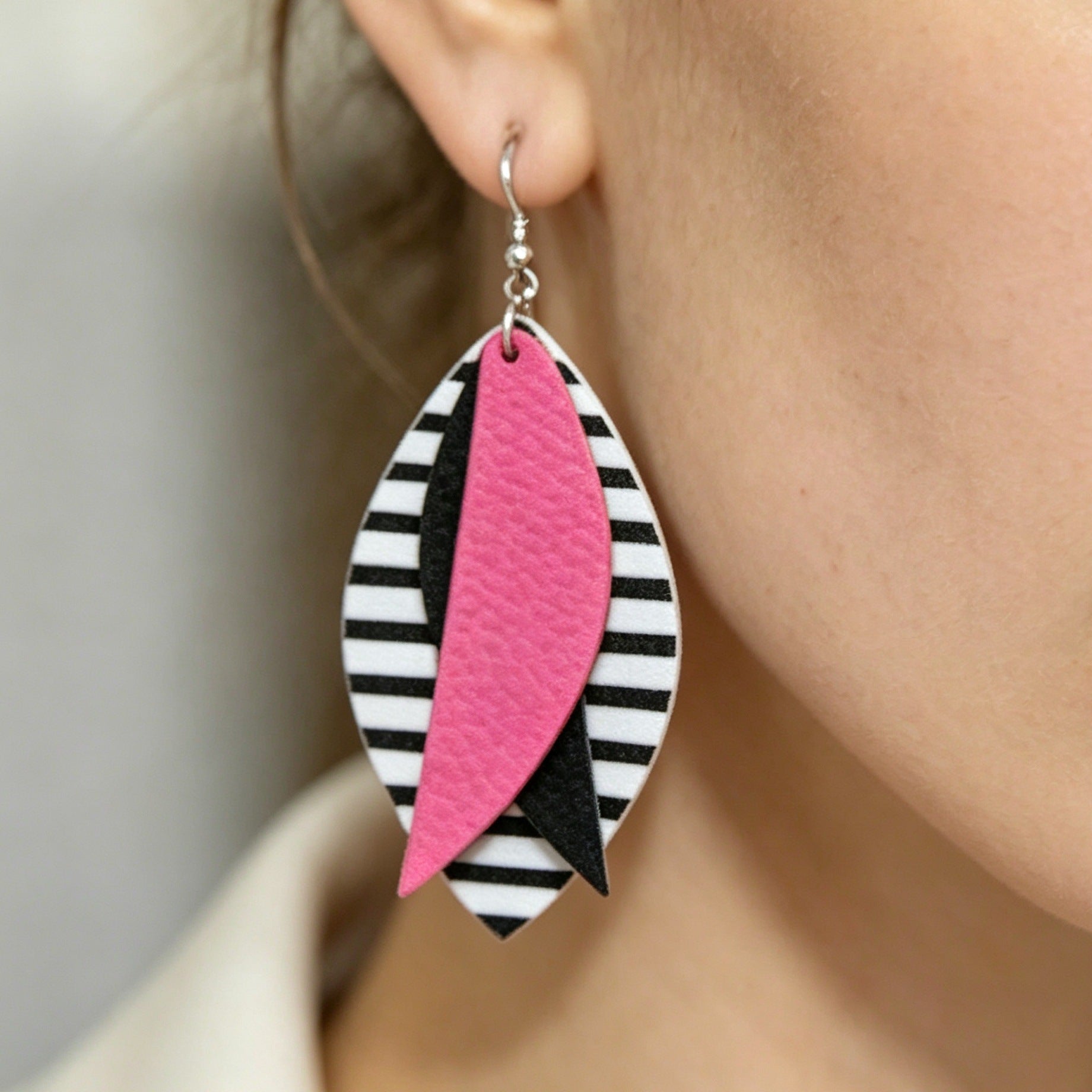 Bohemian Stripe Green Drop Earrings For Women With 304 Stainless Steel Ear Pins Featuring PU Leather