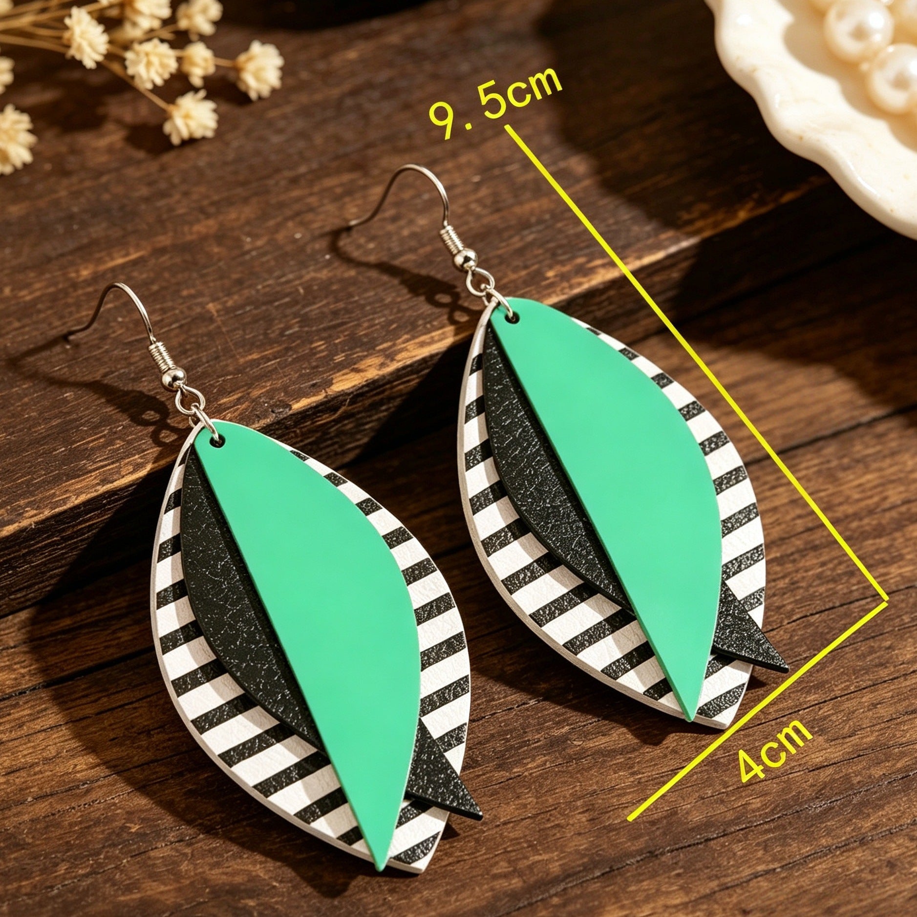 Bohemian Stripe Green Drop Earrings For Women With 304 Stainless Steel Ear Pins Featuring PU Leather
