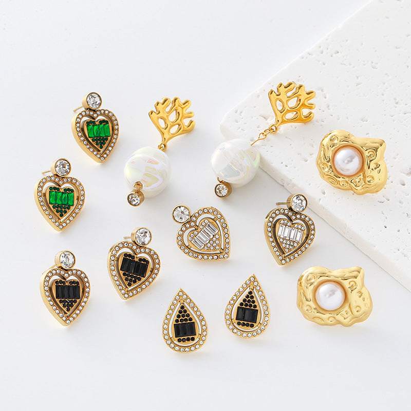 Heart Shape Earrings For Women Featuring Electroplated Finish And 304 Stainless Steel Posts With Rhinestone Inlay