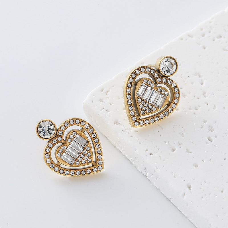 Heart Shape Earrings For Women Featuring Electroplated Finish And 304 Stainless Steel Posts With Rhinestone Inlay