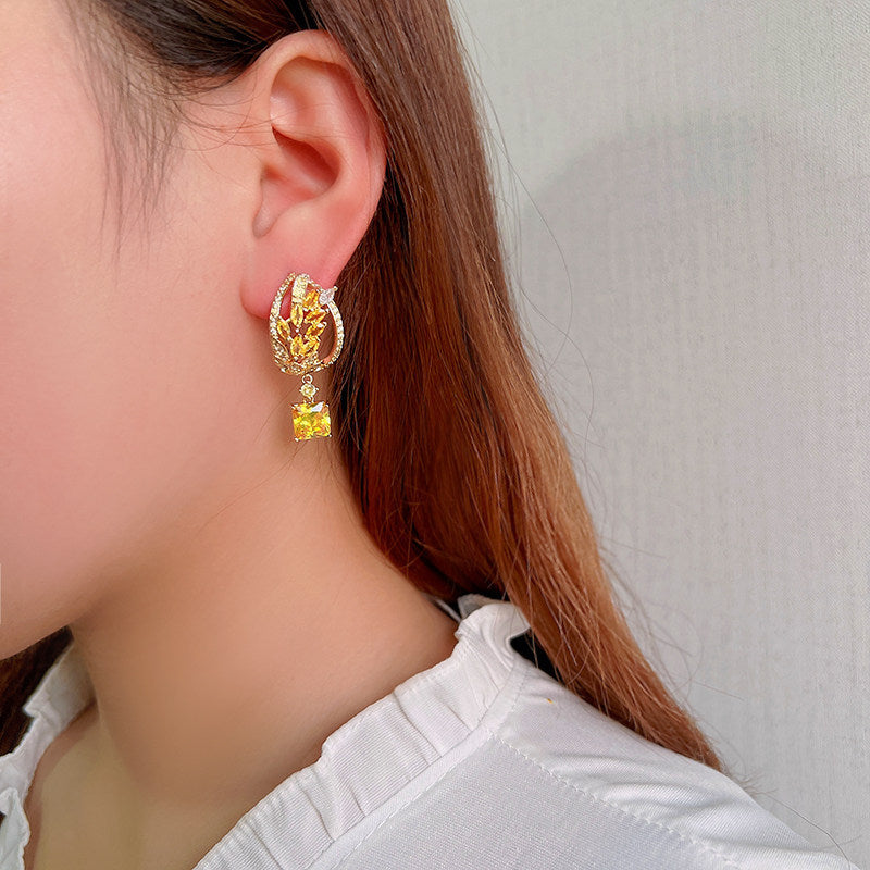 Grain Pattern Yellow Earrings For Women Featuring Copper Material And 925 Sterling Silver Ear Pins With Zircon Inlay