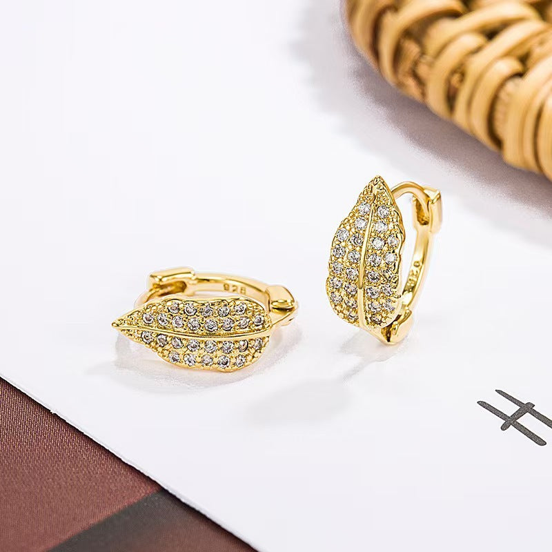 Leaves Earrings For Women In S999 Silver With Gold Plating, Rhinestone Inlay, And 925 Sterling Silver Studs