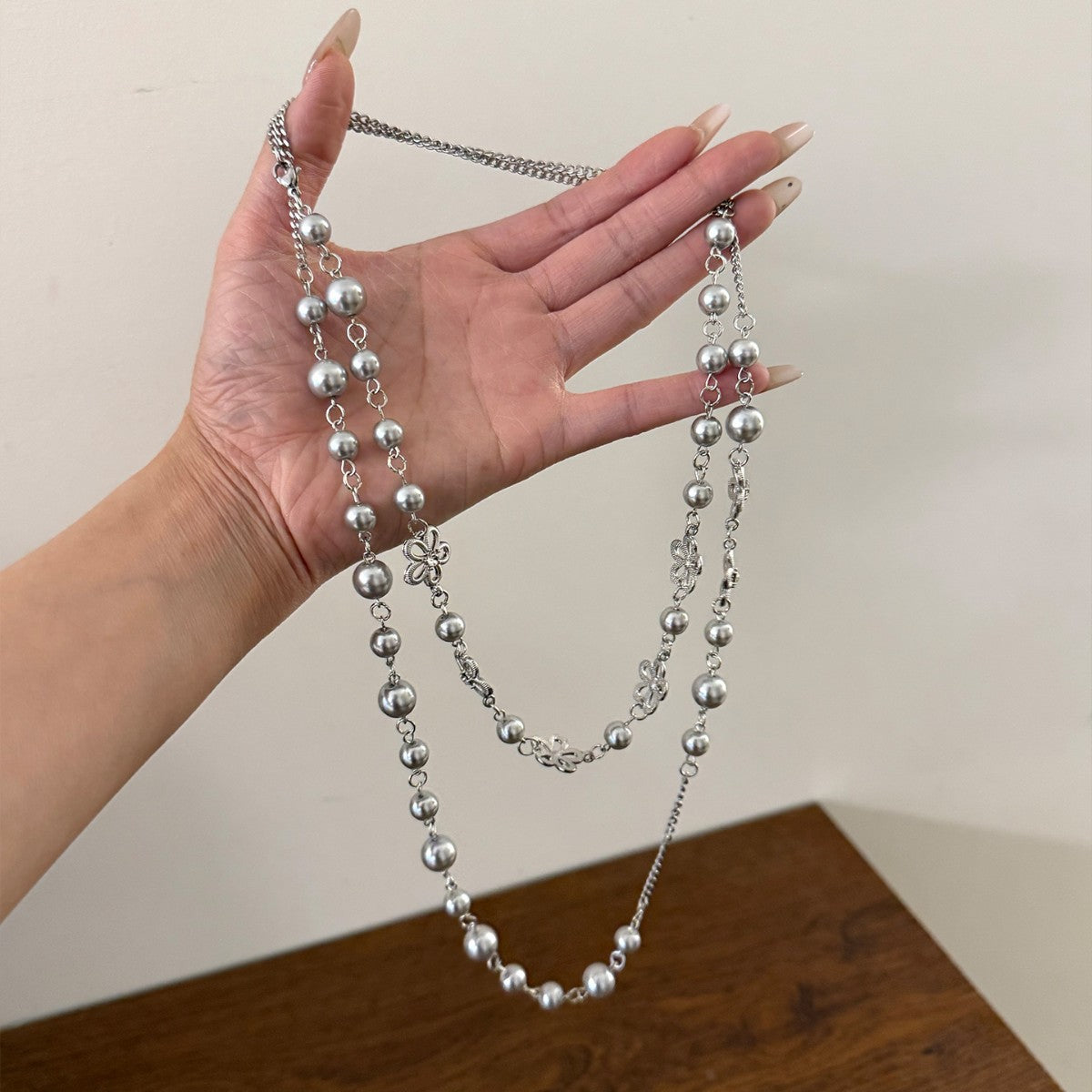Grey Flowers Sweater Chain Necklace For Women Featuring Durable Alloy Chain And Pendant