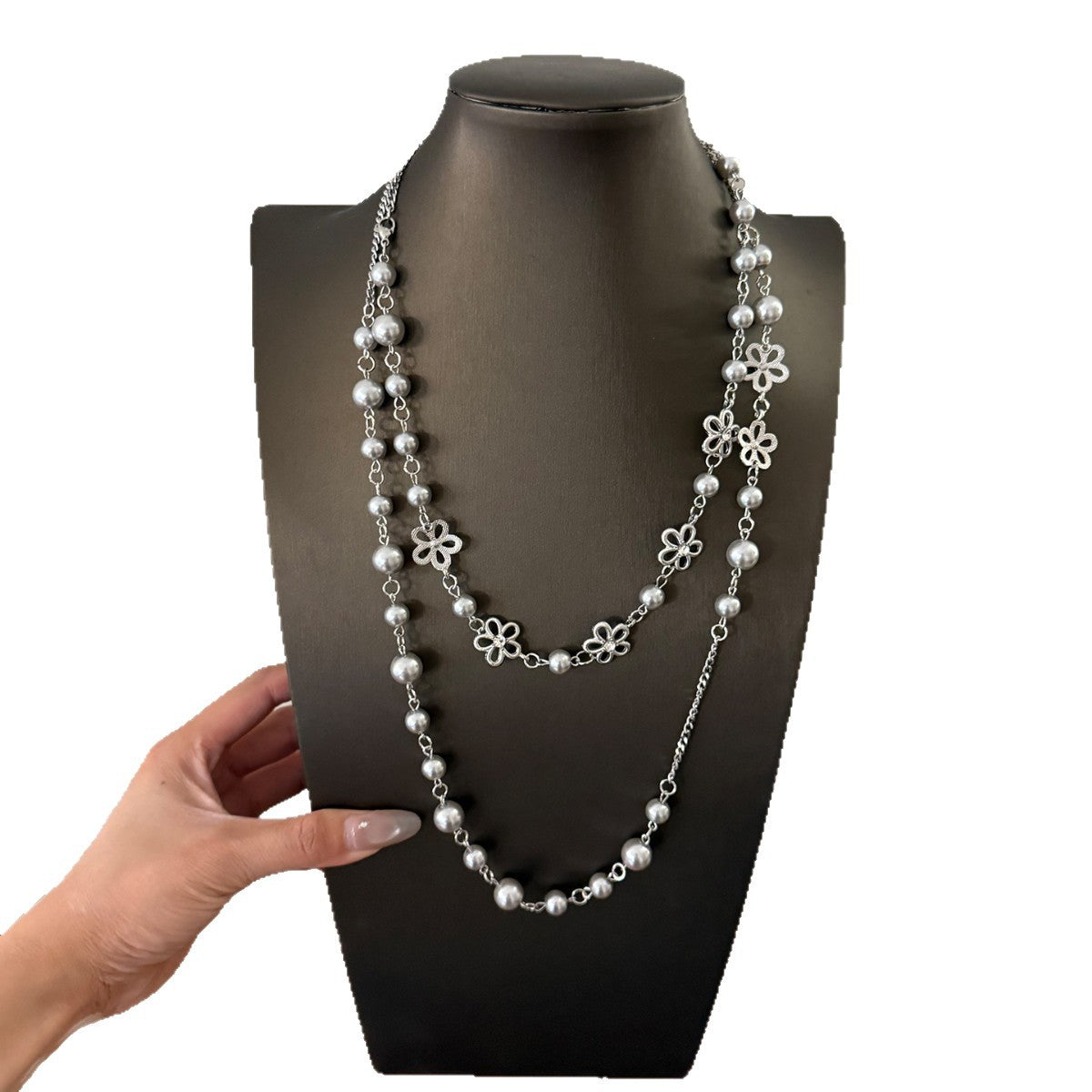 Grey Flowers Sweater Chain Necklace For Women Featuring Durable Alloy Chain And Pendant