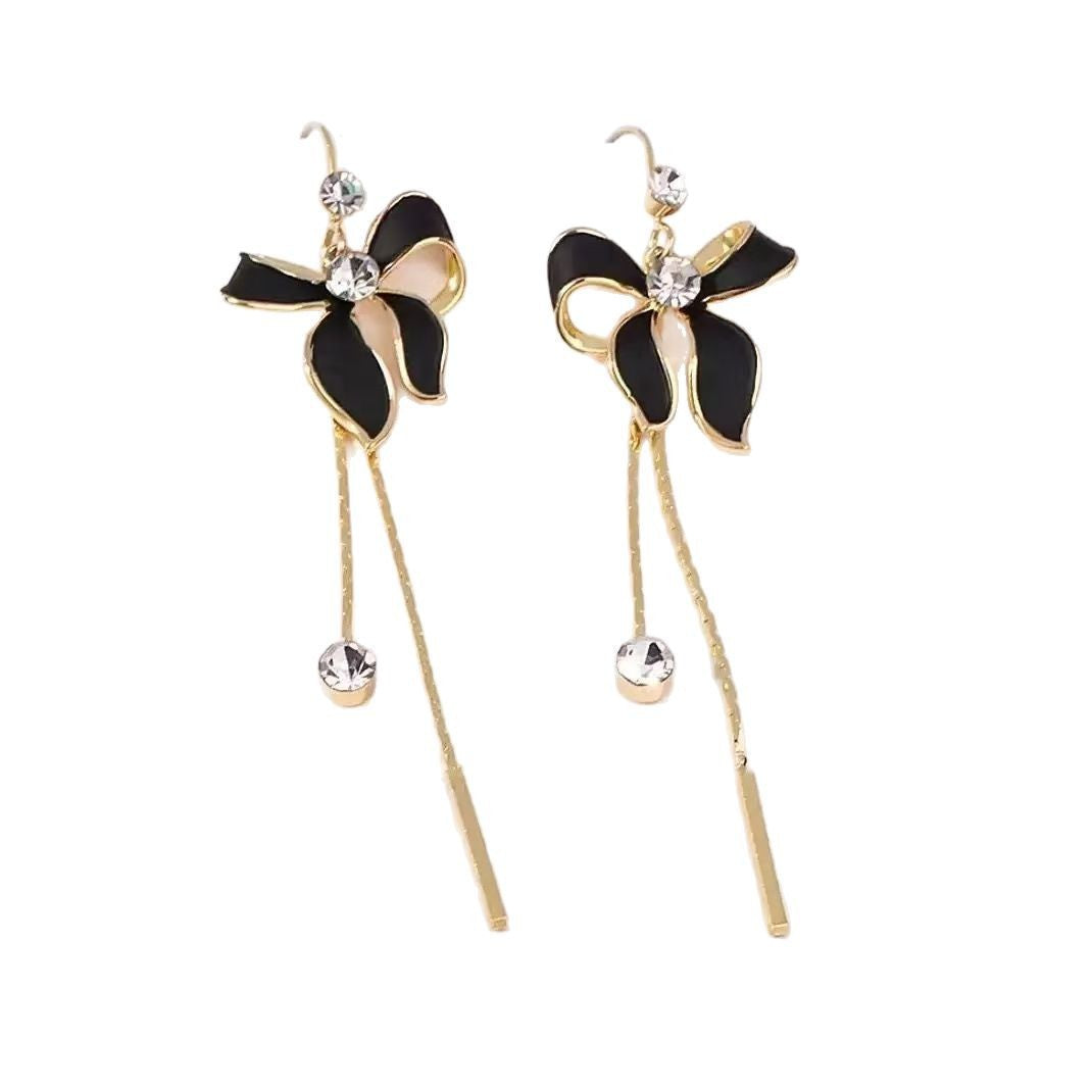 Bow Tie Tassel Earrings For Women Featuring Dyed Black Zinc Alloy Ear Pins