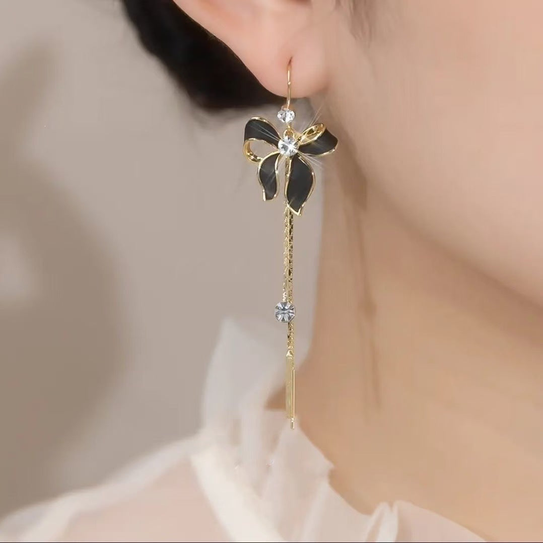 Bow Tie Tassel Earrings For Women Featuring Dyed Black Zinc Alloy Ear Pins