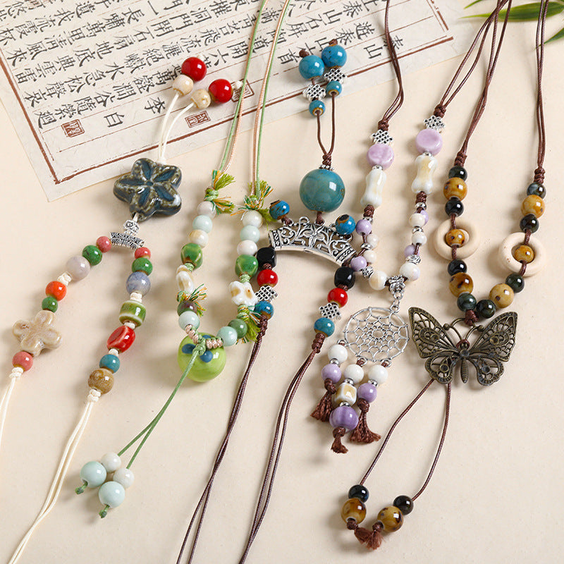 Ethnic Style Unisex Butterfly Braid Sweater Chain Necklace Featuring Ceramic Pendant With Woven Chain