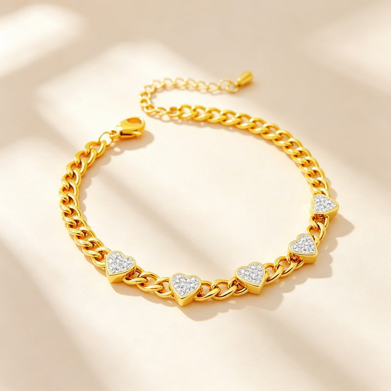 Heart Shape Electroplated Bracelet For Women In 304 Stainless Steel With 18K Real Gold PVD Coating And Rhinestone Inlay