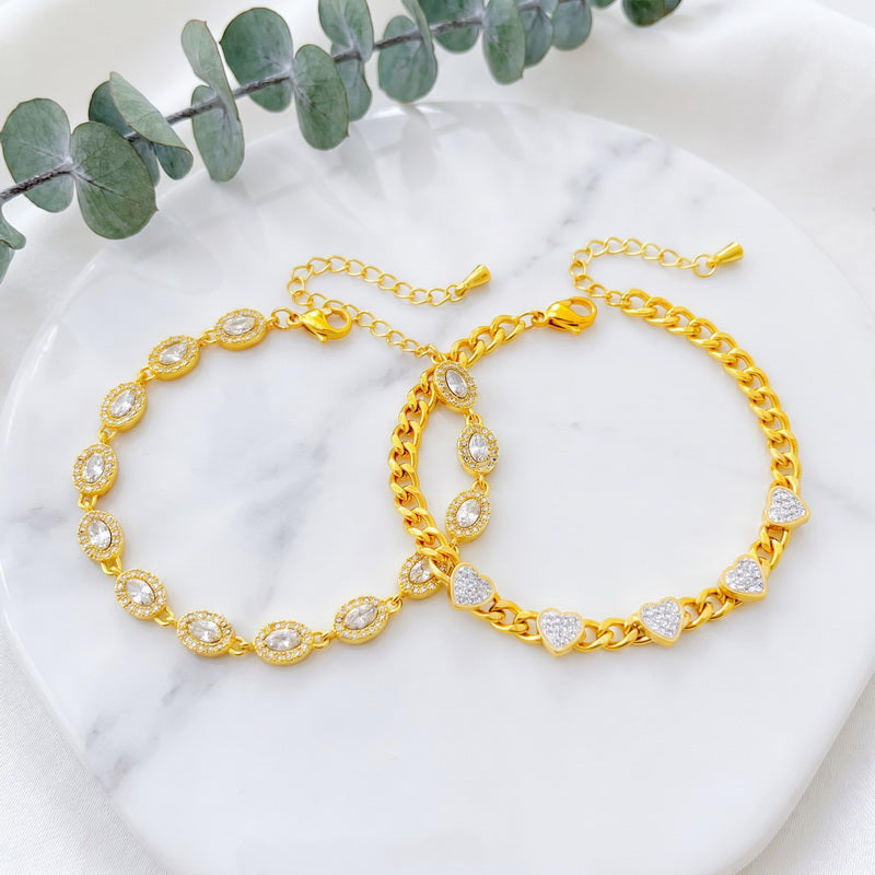 Heart Shape Electroplated Bracelet For Women In 304 Stainless Steel With 18K Real Gold PVD Coating And Rhinestone Inlay