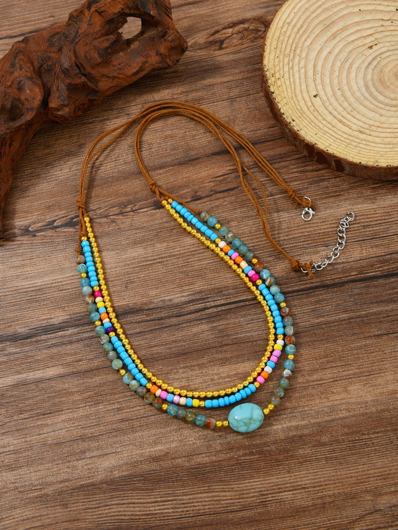 Ethnic Style Layered Necklaces For Women Featuring Blue Beaded Chain And Rope Material With Intricate Beading Craft