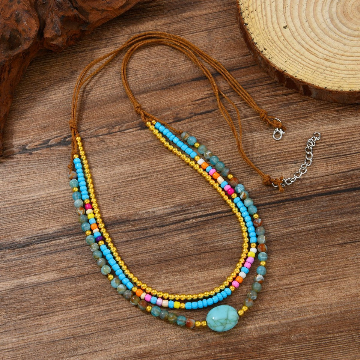 Ethnic Style Layered Necklaces For Women Featuring Blue Beaded Chain And Rope Material With Intricate Beading Craft