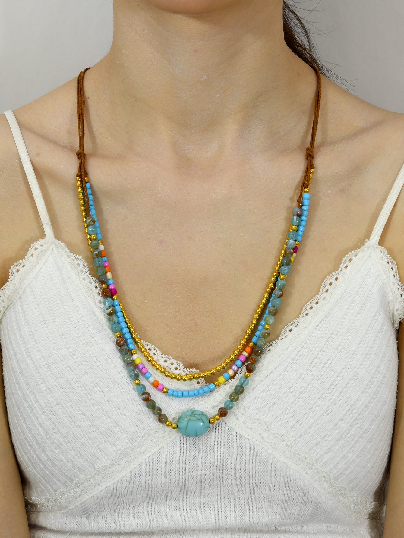Ethnic Style Layered Necklaces For Women Featuring Blue Beaded Chain And Rope Material With Intricate Beading Craft