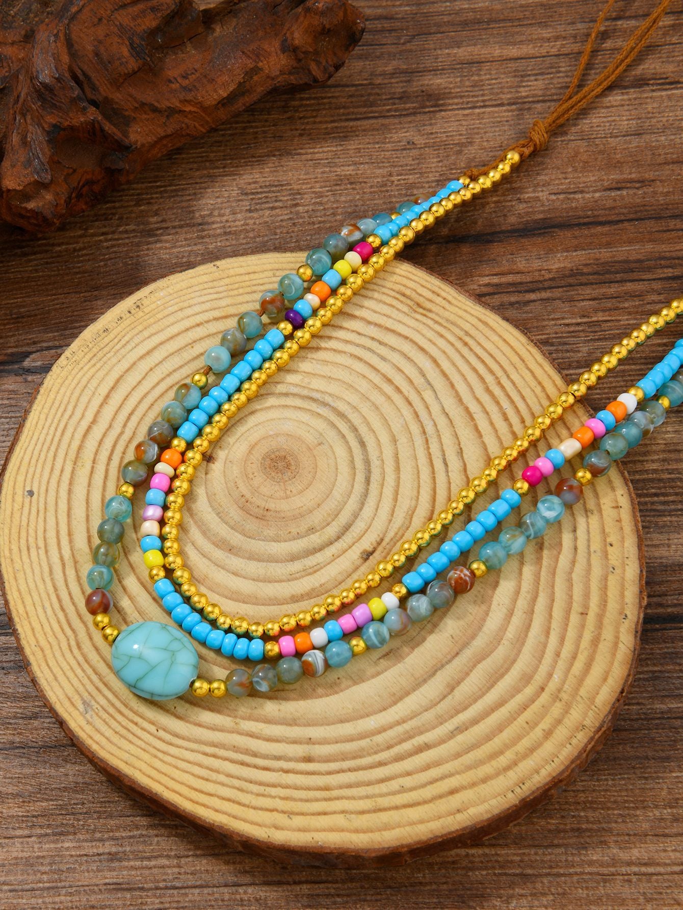 Ethnic Style Layered Necklaces For Women Featuring Blue Beaded Chain And Rope Material With Intricate Beading Craft