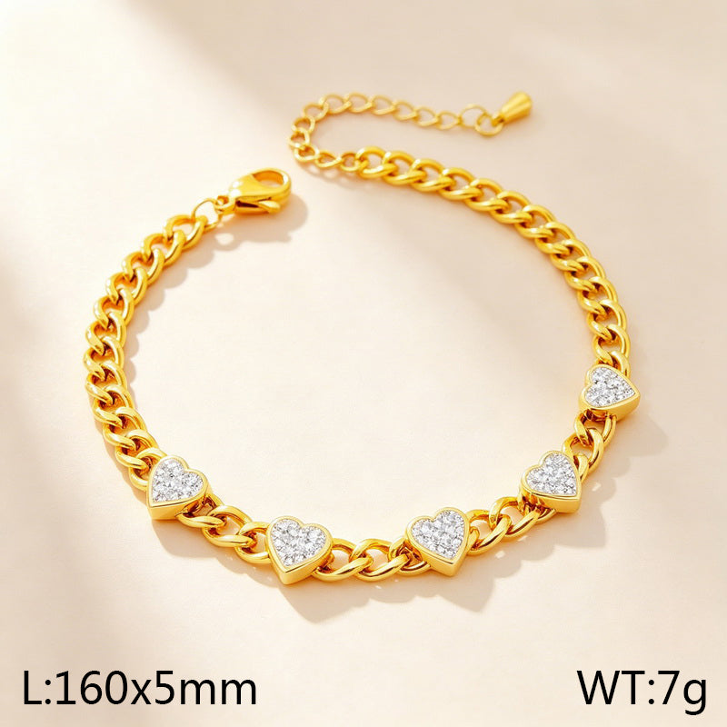 Heart Shape Electroplated Bracelet For Women In 304 Stainless Steel With 18K Real Gold PVD Coating And Rhinestone Inlay
