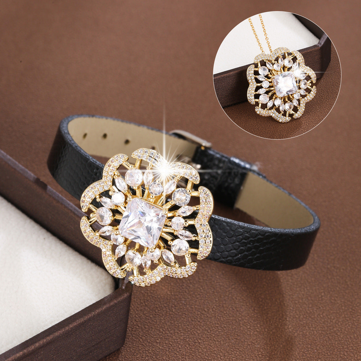Flowers Copper Bracelet With Zircon Inlay Featuring Leather Rope Chain For Women, Perfect For Travel