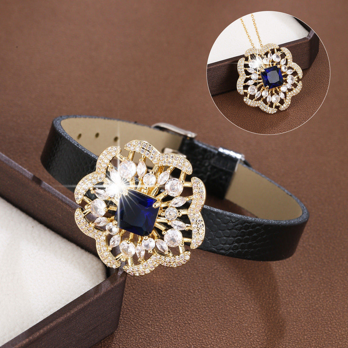 Flowers Copper Bracelet With Zircon Inlay Featuring Leather Rope Chain For Women, Perfect For Travel