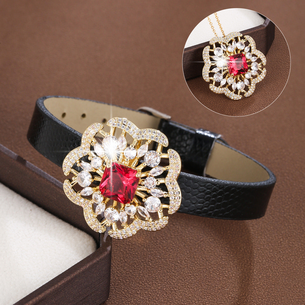 Flowers Copper Bracelet With Zircon Inlay Featuring Leather Rope Chain For Women, Perfect For Travel