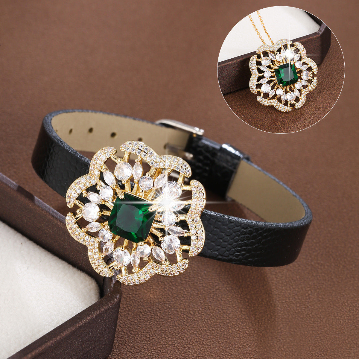 Flowers Copper Bracelet With Zircon Inlay Featuring Leather Rope Chain For Women, Perfect For Travel