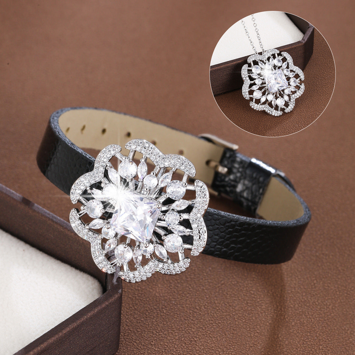 Flowers Copper Bracelet With Zircon Inlay Featuring Leather Rope Chain For Women, Perfect For Travel