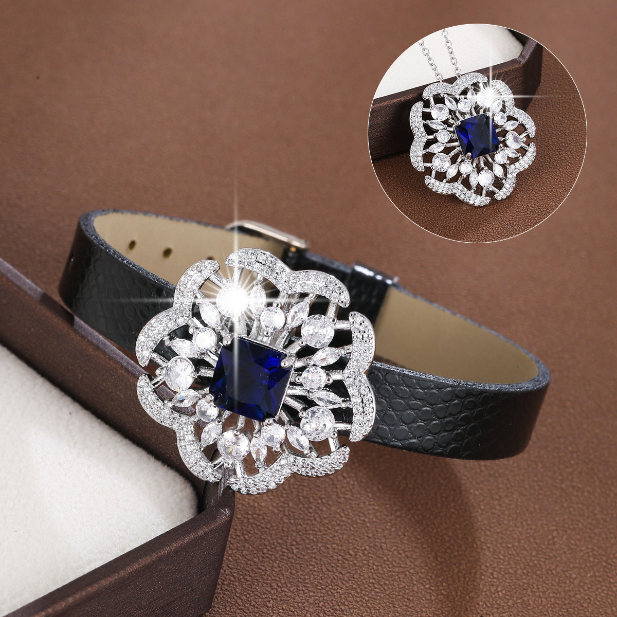 Flowers Copper Bracelet With Zircon Inlay Featuring Leather Rope Chain For Women, Perfect For Travel