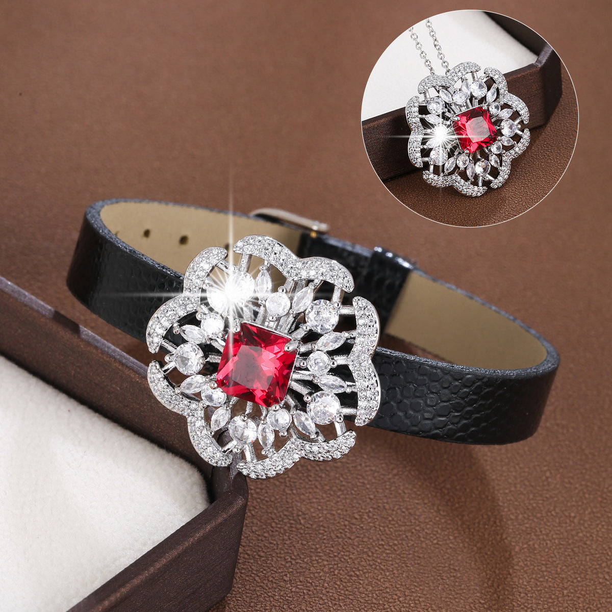 Flowers Copper Bracelet With Zircon Inlay Featuring Leather Rope Chain For Women, Perfect For Travel