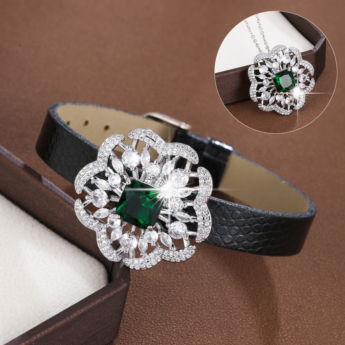 Flowers Copper Bracelet With Zircon Inlay Featuring Leather Rope Chain For Women, Perfect For Travel