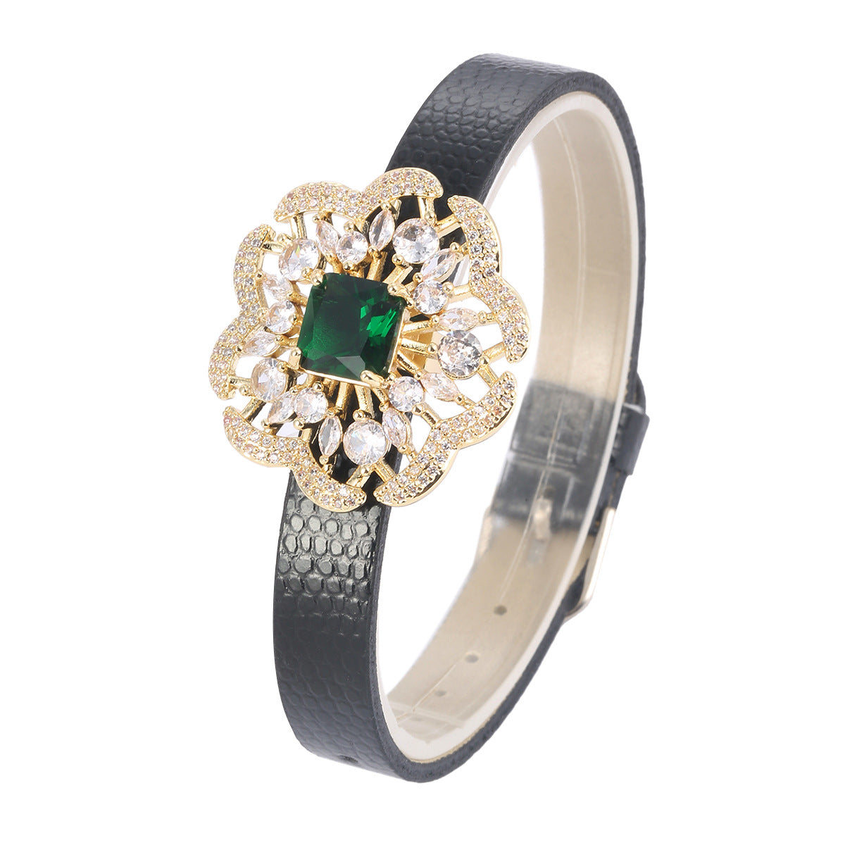 Flowers Copper Bracelet With Zircon Inlay Featuring Leather Rope Chain For Women, Perfect For Travel
