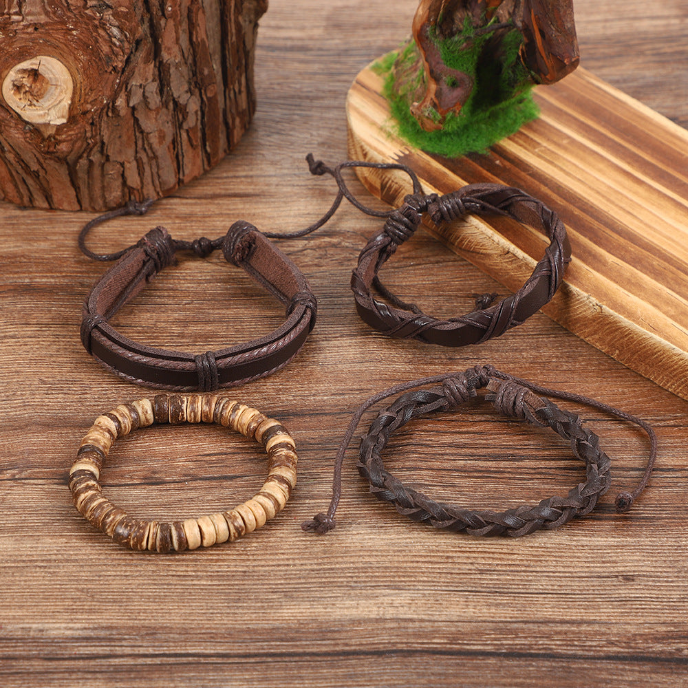 Geometric Maillard Style Unisex Bracelets Featuring Pu Leather Rope With Braid Woven Chain Design