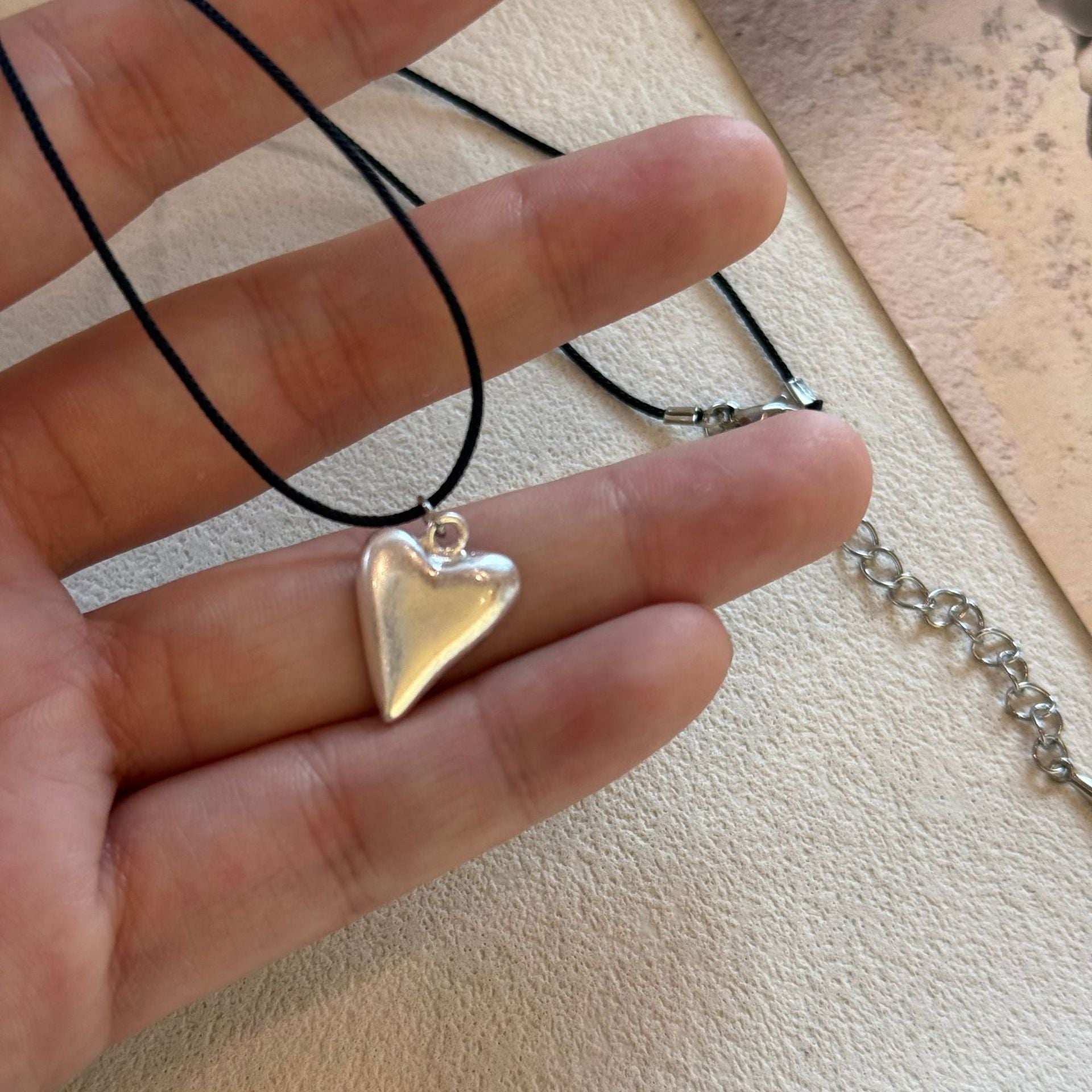 Heart Shape Silver Plated Alloy Necklace For Women In Simple Style With Cord String Chain