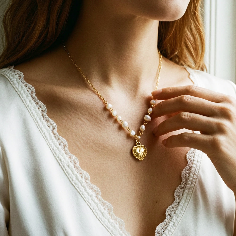 Heart Shape Beading Pendant Necklace For Women In 304 Stainless Steel With 18K Real Gold Plated PVD Coated Cable Chain