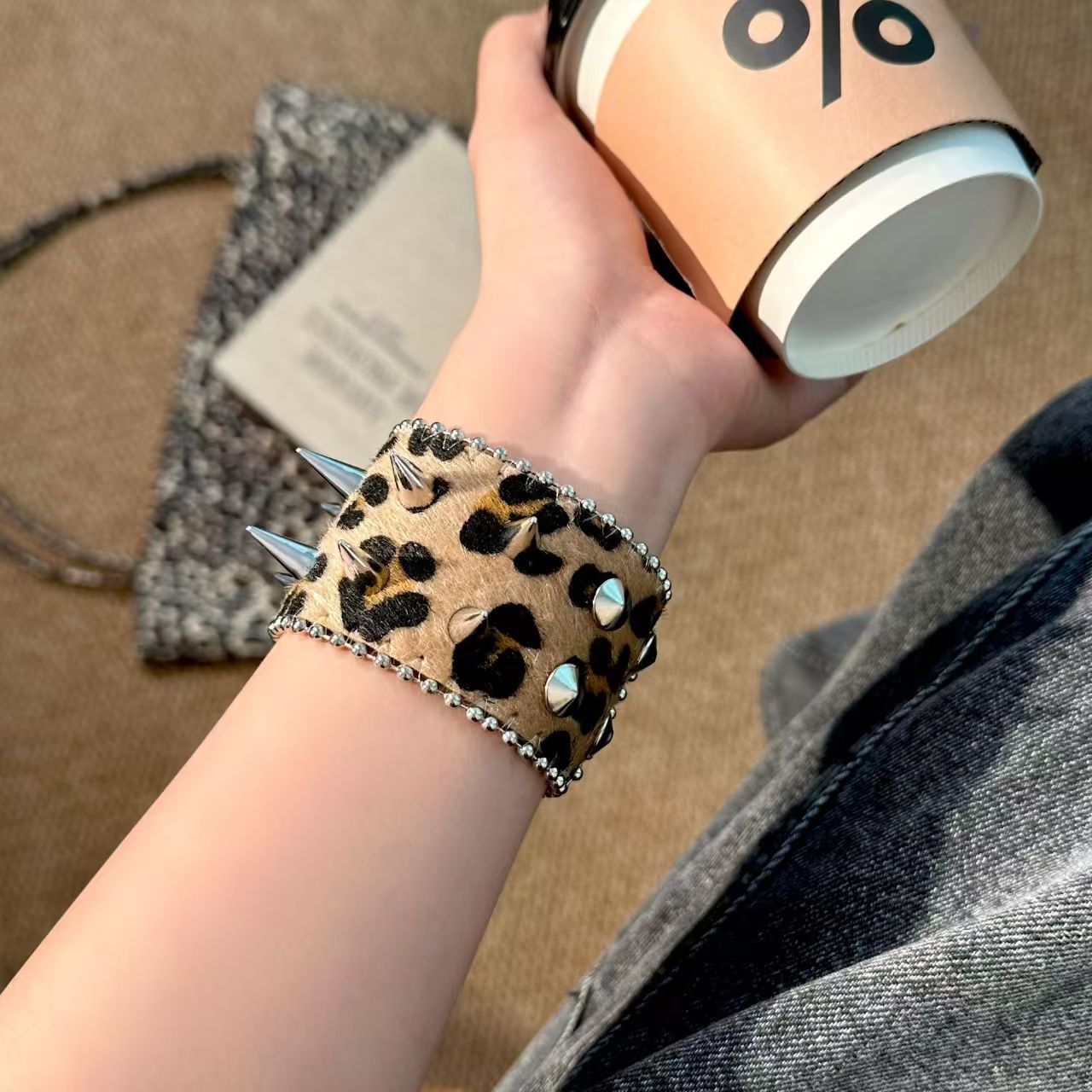 Leopard Print Wide Bracelet Unisex Punk Style PU Leather Wristband With Electroplated Finish