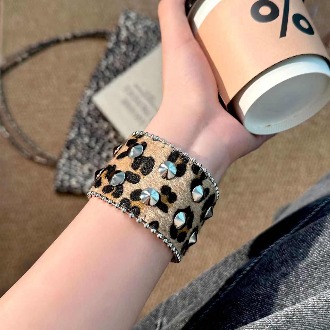 Leopard Print Wide Bracelet Unisex Punk Style PU Leather Wristband With Electroplated Finish