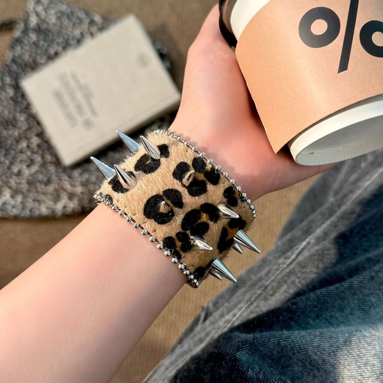 Leopard Print Wide Bracelet Unisex Punk Style PU Leather Wristband With Electroplated Finish