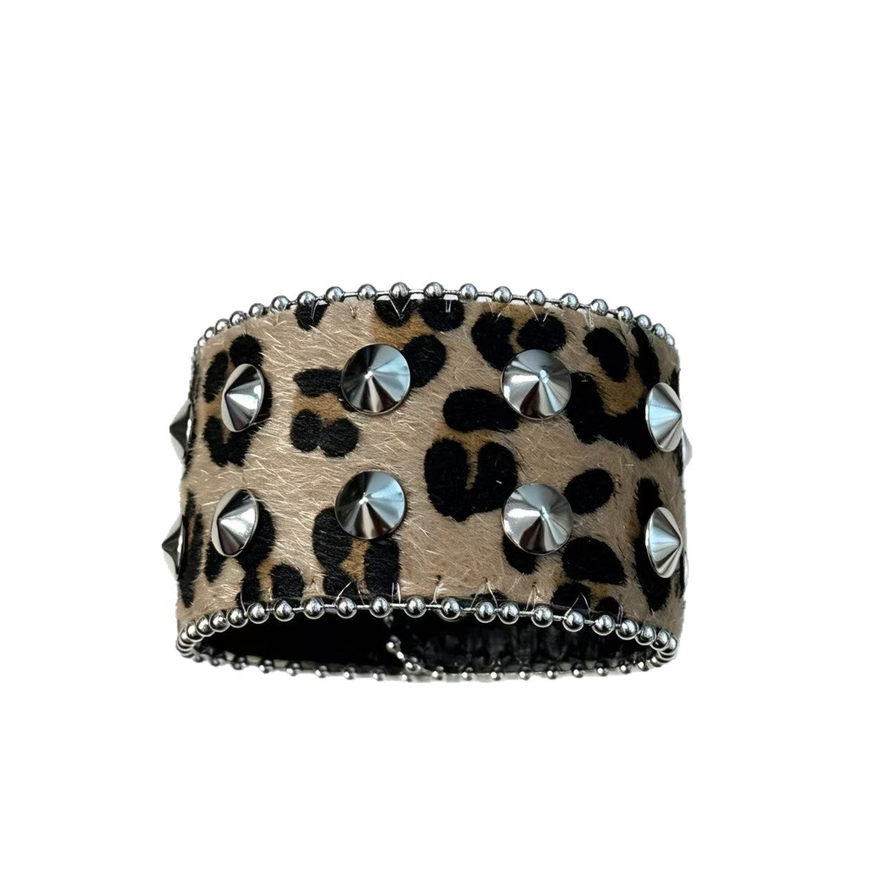 Leopard Print Wide Bracelet Unisex Punk Style PU Leather Wristband With Electroplated Finish